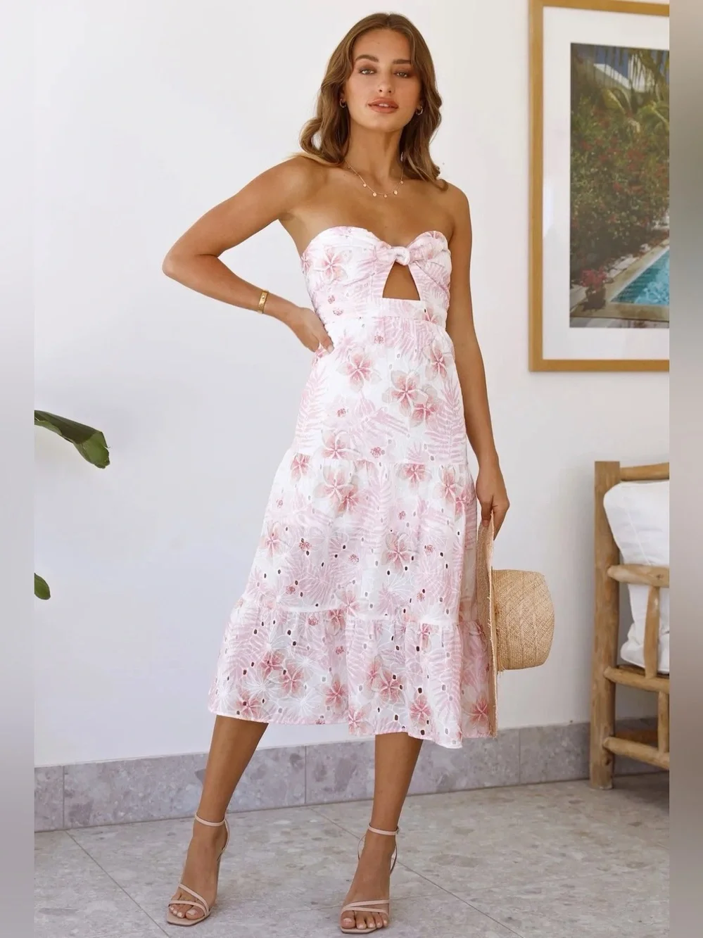 Hello Molly Dedicated To The Sun Floral Midi Dress White Pink Size Small US 4 - Picture 6 of 9
